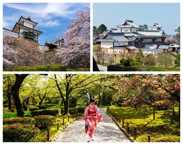 加賀百萬石之城~金澤城→日本三大名園~兼六園→近江町魚市場→東茶屋街~外牆貼滿閃亮金箔的金箔土藏→主計町茶屋街